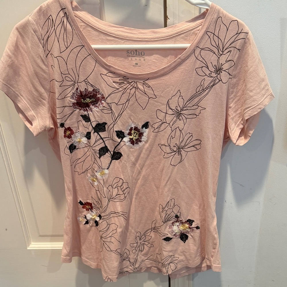Soho Blush Floral Embroidered Tee, XS